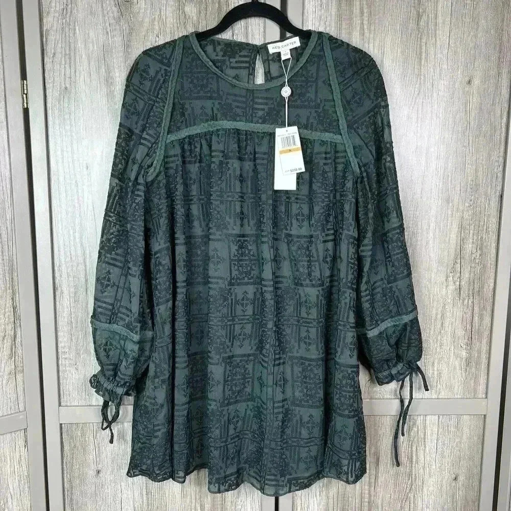 Red Carter Blouse Tunic Small Long Sleeves Embroidered Green Color Bohemian Sz S